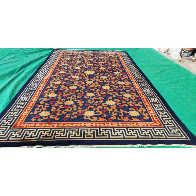 Navy Blue Classic Navy Ground Color With Floral Design Antique Chinese Art Deco Rug For Sale - Image 8 of 8