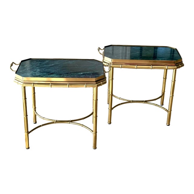 Vintage Pair of Italian Hollywood Regency Faux Bamboo Brass & Verde Marble Butler’s Tray Tables For Sale