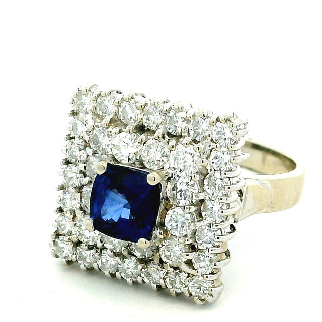 Metal Vintage Sapphire & Diamond Square Cluster Ring in 14k White Gold, Size 7 For Sale - Image 7 of 13