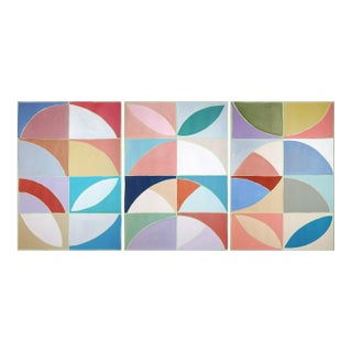 2026, Color Field Bauhaus Triptych of Modernist Floral Axis, Modern Painting on Watercolor Paper by Natalia Roman For Sale