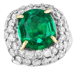 7 Carat Cushion Cut Colombian Emerald & 3.5 Ct Diamond Ring in Platinum Size 6.2