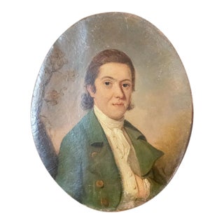 18th Century English Oval Portrait Painting of a Gentleman in Green For Sale