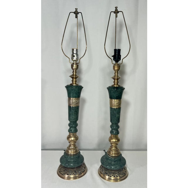 Mid-Century Modern Mid-Century Chinoiserie James Mont Style Green Marble and Bronze Column Table Lamps With Shades - A Pair For Sale - Image 3 of 12