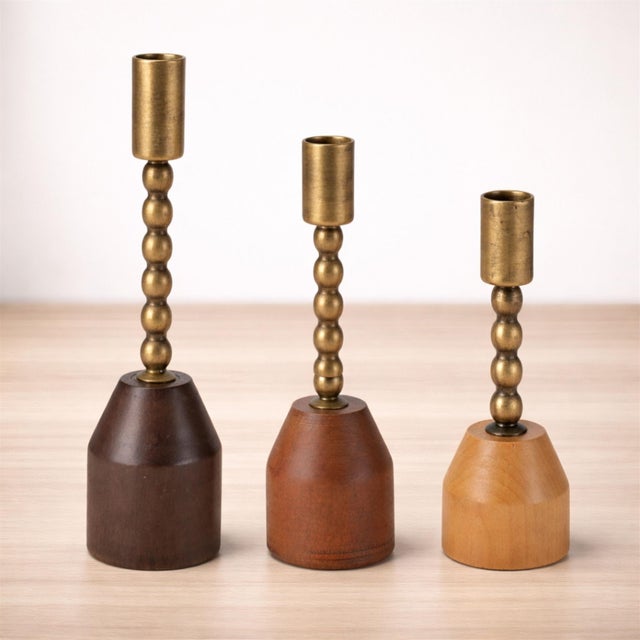 Modern Modern Metal Taper Candle Holder with Birch Base (Set of 3) For Sale - Image 3 of 6