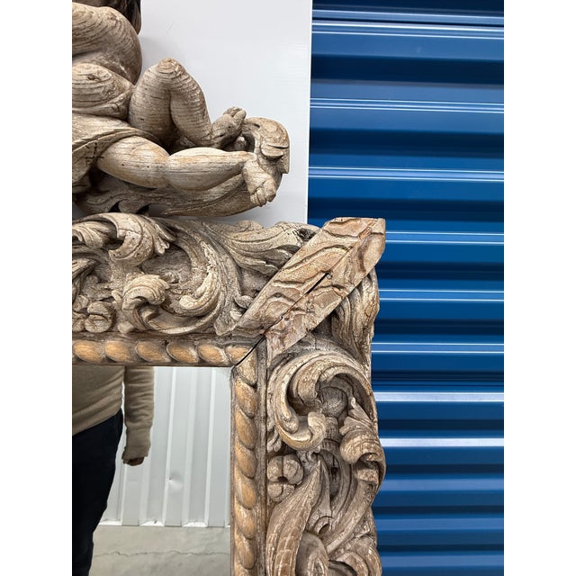 17th Century Neapolitan Baroque Carved Wood Mirror With Putti and Shell Crest C. 1680-1720 For Sale - Image 5 of 16