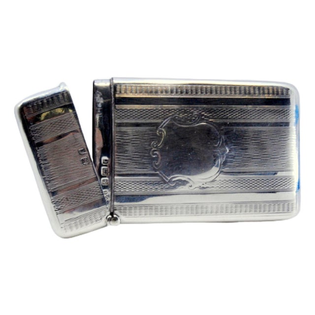 Guilloche Silver Cardboard Box with Hinged Lid and Monogram Card For Sale