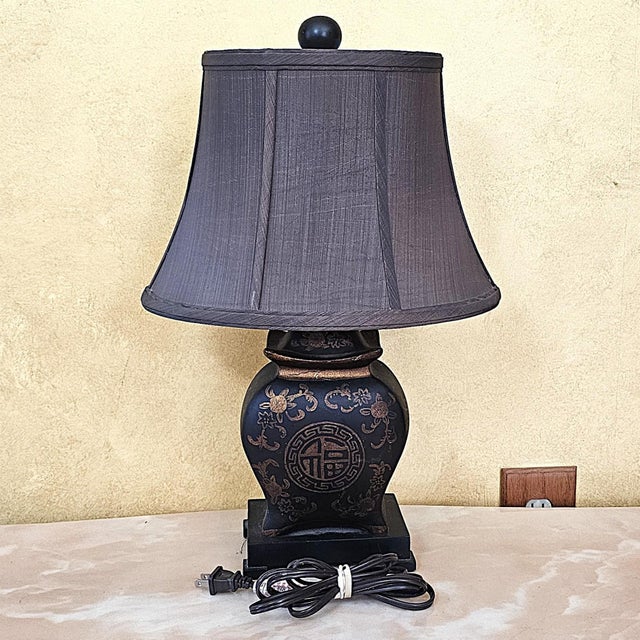 Asian Asian Inspired Black & Brown Porcelain Medallion Table Lamp With Shade For Sale - Image 3 of 18