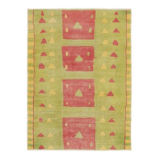 Vintage Zeki Müren Rug in Green, Red and Gold Geometric Patterns by Rug & Kilim For Sale