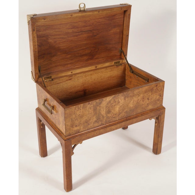 Wood Vintage Book Match Burl Wood & Brass Storage Trunk Chest For Sale - Image 7 of 12