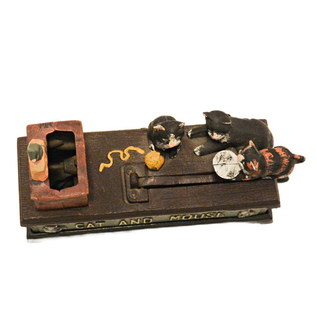 Vintage-Style Cast Iron Mechanical "Cat and Mouse" Coin Bank - Whimsical Folk Art For Sale - Image 9 of 10