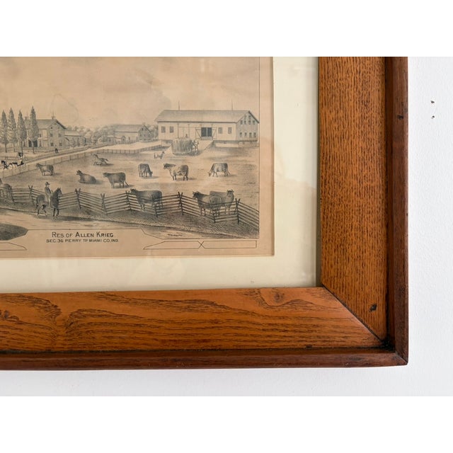 Antique print titled “Residence of Allen Krieg,” depicting a detailed rural estate with farmhouse, outbuildings, and...