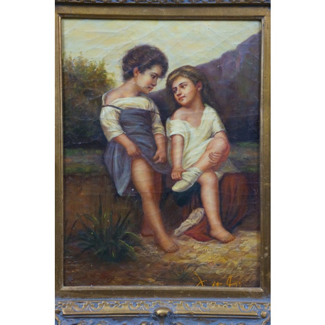 Late 20th Century At the Edge of the Brook Oil Painting After William-Adolphe Bouguereau 24" For Sale - Image 10 of 11