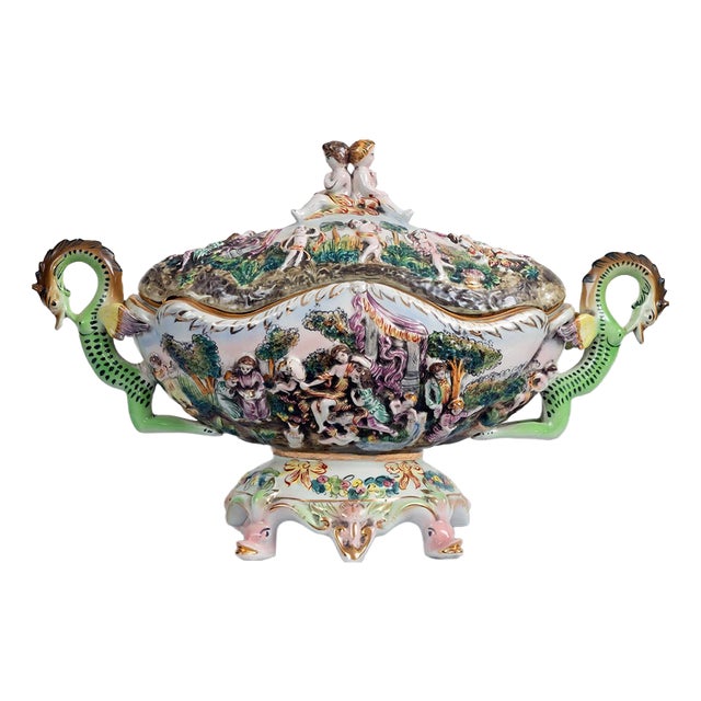 Antique Polychrome Porcelain Soup Tureen from Capodimonte, Naples, 20th Century For Sale