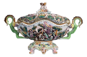 Antique Polychrome Porcelain Soup Tureen from Capodimonte, Naples, 20th Century