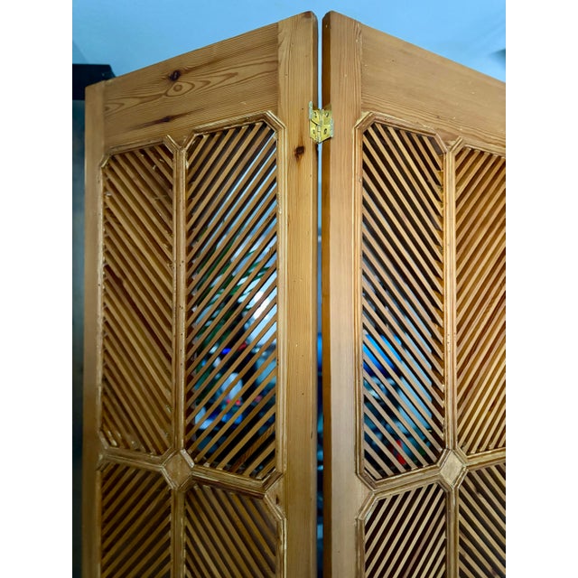 Wood Mid-Century Modern 1977 Chapman Vintage Wooden Louvered Folding Screen | Three-Panel Room Divider For Sale - Image 7 of 11