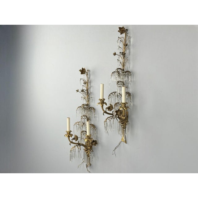 French Louis XV, Bronze, Cut Crystal, Large Wall Sconces or Wall Lights, France, 1930s Pair of French wall sconces circa...