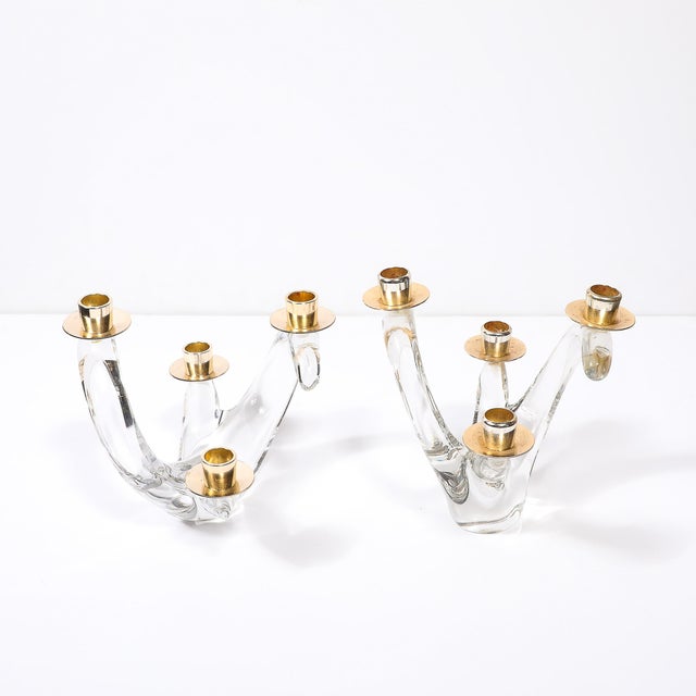 Metal Pair of Mid-Century Amorphic Crystal & Brass 4 Arm Candelabras Signed Schneider For Sale - Image 7 of 12