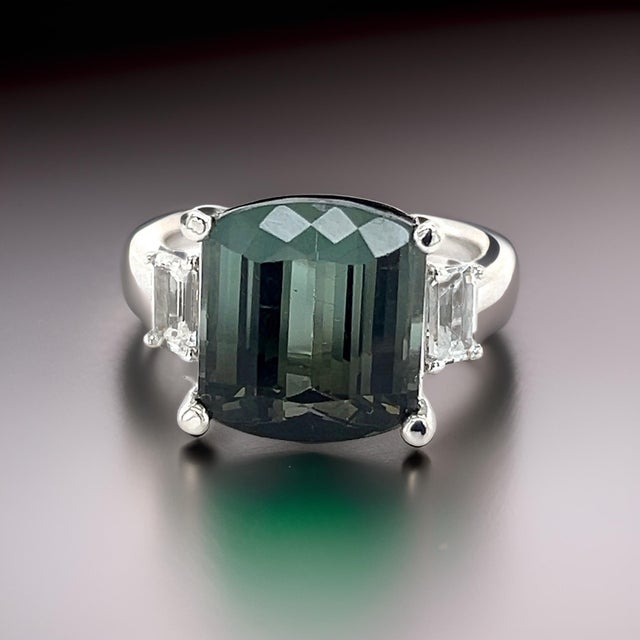 Metal Natural Tourmaline Sapphire Ring 7 14k W Gold 8.7 TCW Certified For Sale - Image 7 of 14
