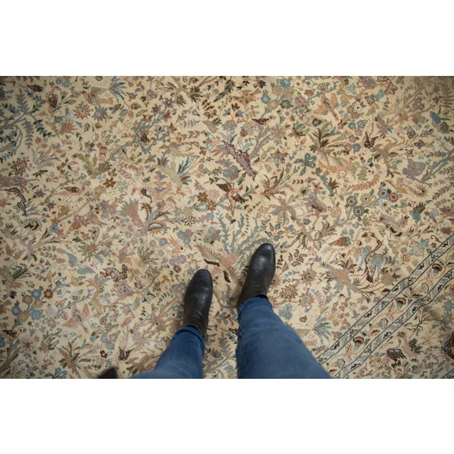 :: Hard to find square size, ornately drawn, forest scene Tabriz, bearing detailed trees, deer, pheasants, rabbits,...