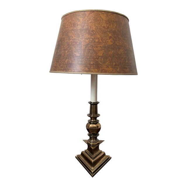 Vintage Stiffel Brass Oversized Double Socket Table Lamp With Original Paper Shade For Sale