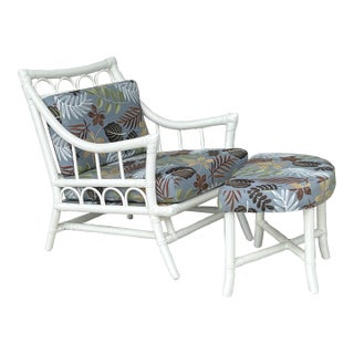 Willow and Reed Mid Century Rattan Lounge Chair With Ottoman For Sale