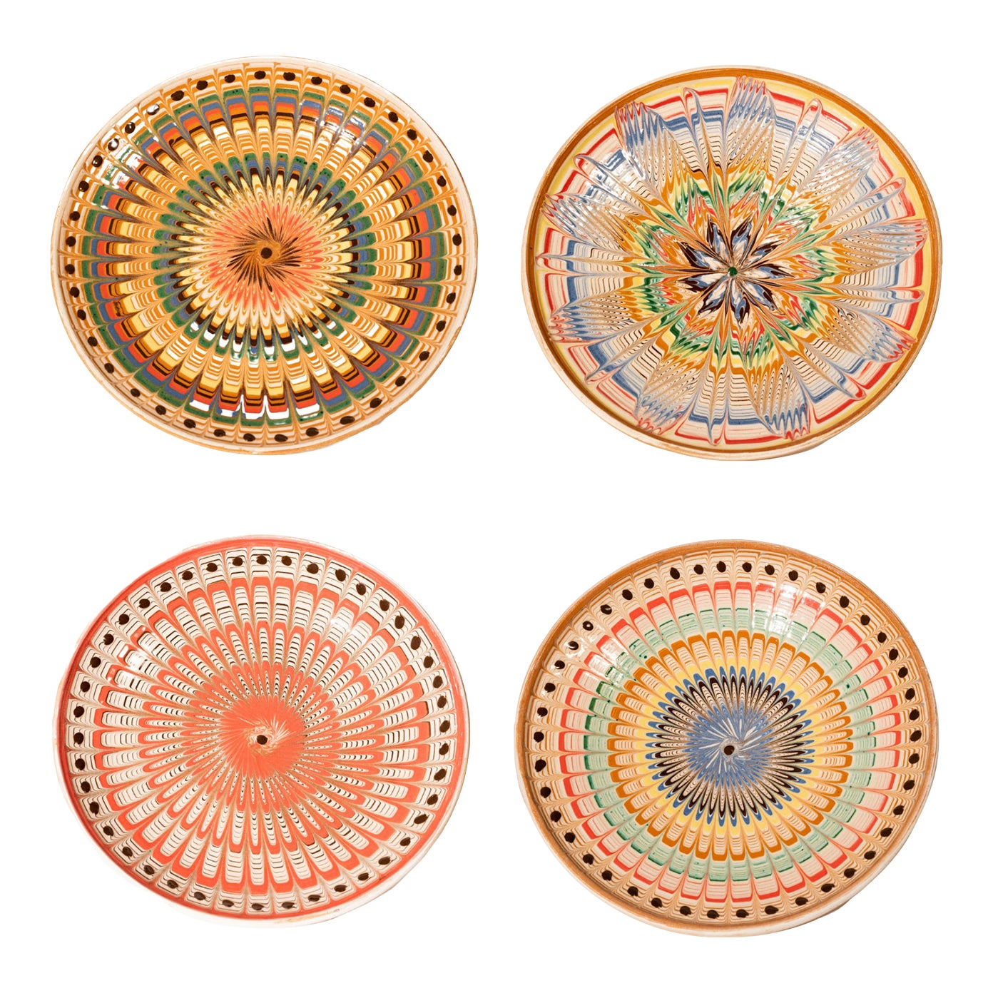 Contemporary Hand Painted Ceramic Decorative Plates Set of 4, Horezu Unesco Heritage Ceramics