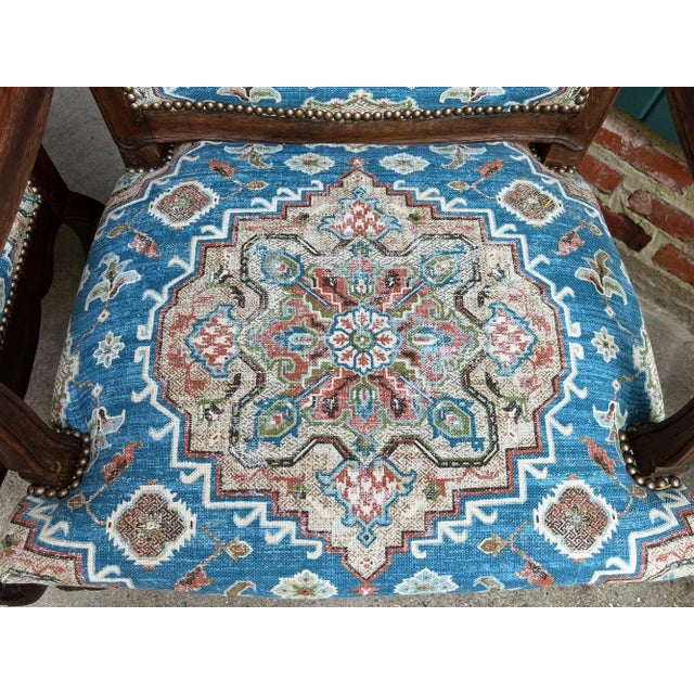 Pair Antique French Dining Arm Chairs Louis XV Carved Oak Blue Persian Textile For Sale In Dallas - Image 6 of 18