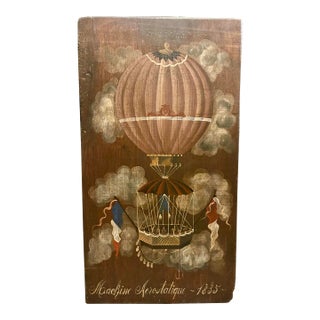 Painting on Wood Representing a Hot Air Balloon Where It Is Written 1835 Aerostatic Machine 19th Century France For Sale