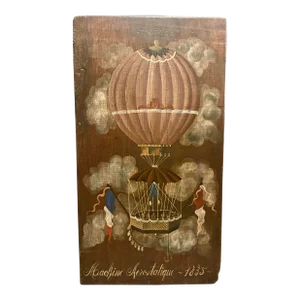 Painting on Wood Representing a Hot Air Balloon Where It Is Written 1835 Aerostatic Machine 19th Century France