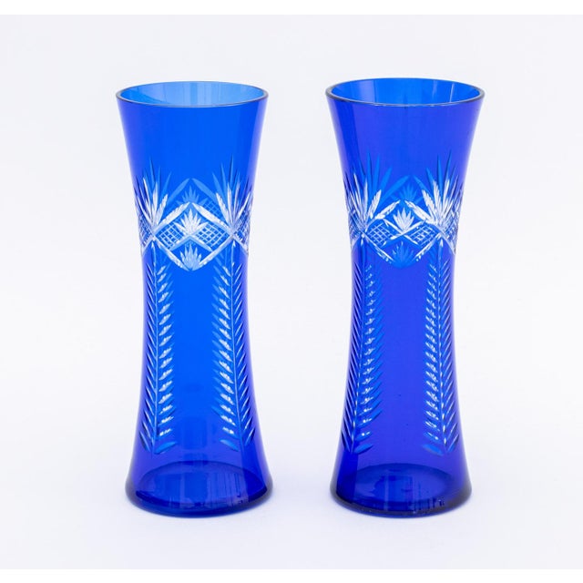 Late 20th Century Cobalt Blue Cut Glass Flaring Vases, Pair For Sale - Image 5 of 9