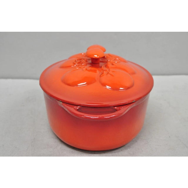 Modern Technique 4 Quart Red Cast Iron Dutch Oven Covered Pot With Tomato Design on Lid For Sale - Image 3 of 13