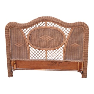 Vintage Henry Link Heavy Duty Curved Wicker Rattan Medium Stained Queen Size Headboard For Sale