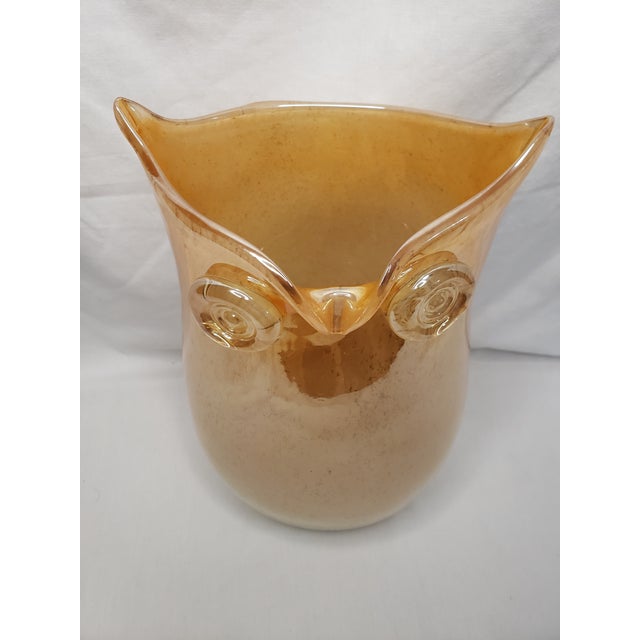 Large Vintage Art Deco Style HandBlown Glass Owl Vase in Marigold