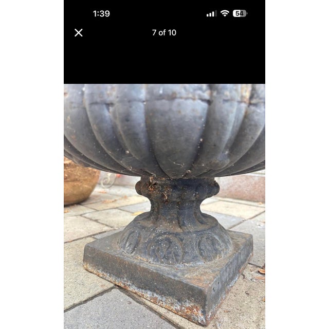Vintage Ornate Cast Iron Garden Urn Planter With Scroll Handles & Aged Patina For Sale - Image 10 of 12
