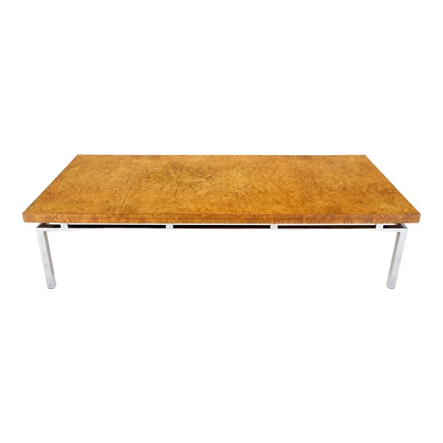 Mid Century Modern Large Rectangle Burl Wood Chrome Base Coffee Table For Sale