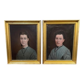 Pair of European Portrait Paintings, Mother & Daughter, Late 19th Century For Sale