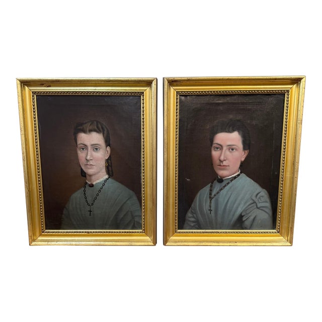 Pair of European Portrait Paintings, Mother & Daughter, Late 19th Century For Sale