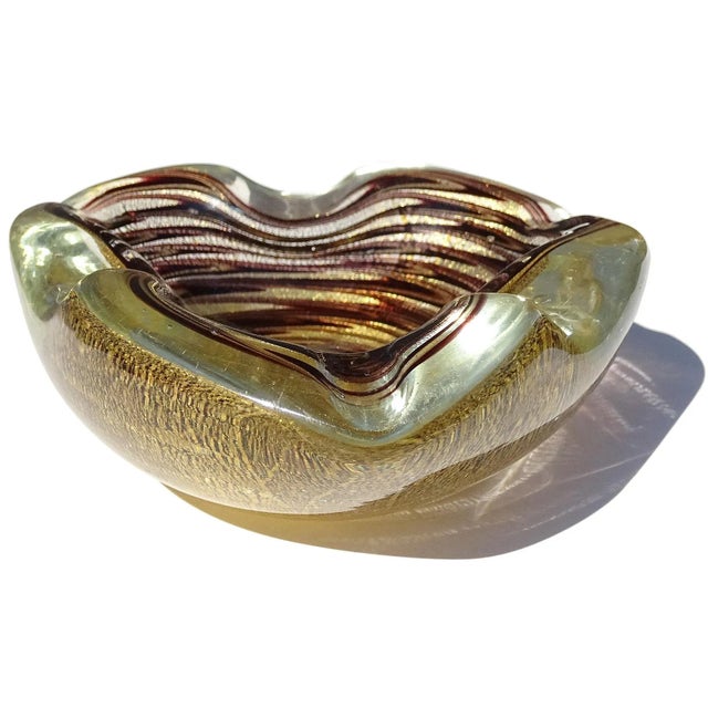 Abstract Murano Dark Purple Swirling Pattern Heavy Gold Flecks Vintage Italian Art Glass Bowl Catchall Ashtray For Sale - Image 3 of 11