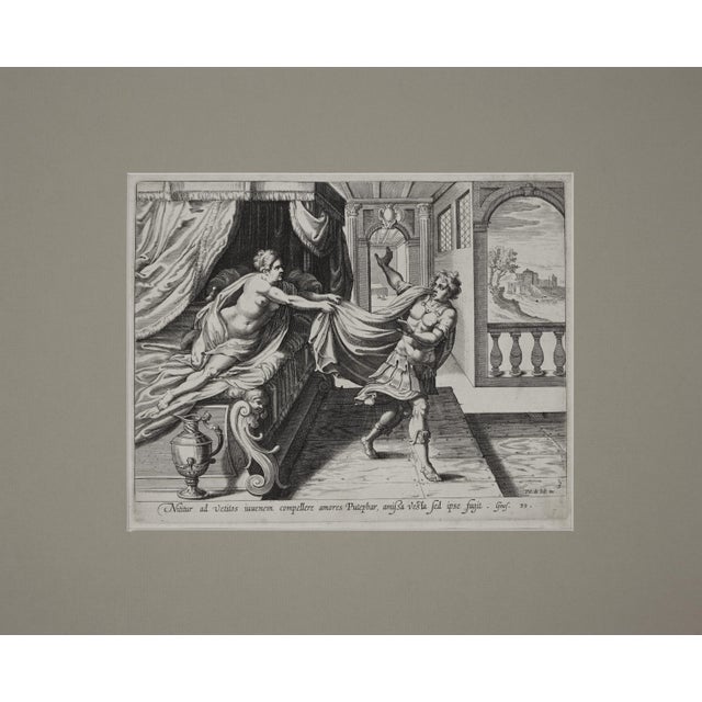 Baroque 17th C Antique Flemish Engraving “Joseph and Potiphar’s Wife” Pieter De Jode Framed Wall Art For Sale - Image 3 of 5