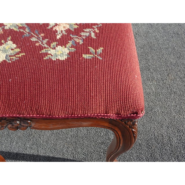 Vintage French Provincial Burgundy Needlepoint Tapestry Bench W Floral Design For Sale - Image 13 of 13