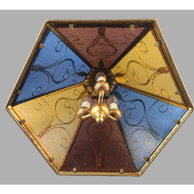 Blue Vintage Multi Color Slag Glass Italian Tole Gilded Pendant Light Fixture For Sale - Image 8 of 11