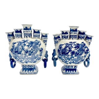 Pair of Blue and White Dragon Five-Spout Tulip Vases / Chinese Export Style For Sale