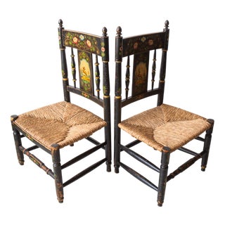 Set of Antique Hand Painted Wood and Rush Low Chairs, 1910 For Sale