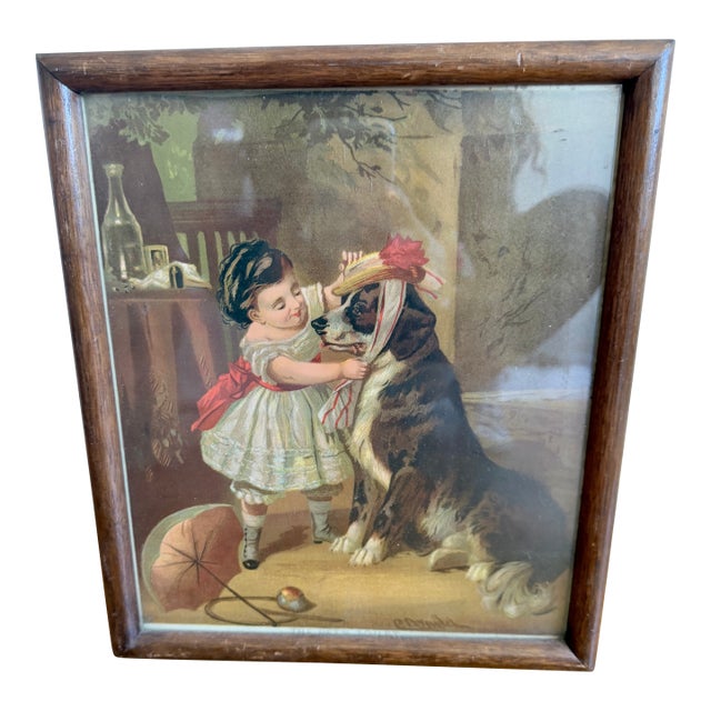 Antique Victorian “The Pet’s Toilet” Girl & Dog Framed Color Print For Sale