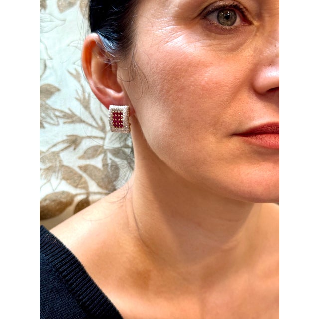 Estate 3 Ct Ruby & 3 Ct Diamonds Square Post Earrings 18 Karat Yellow Gold 13.5G For Sale - Image 13 of 18