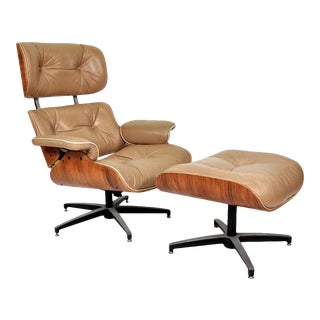 Midcentury Eames Style Leather Lounge Chair and Ottoman - 2 Pieces For Sale