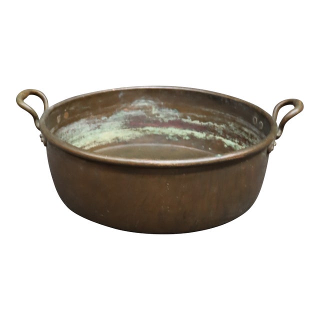 Antique French Copper Jam Pan With Riveted Brass Handles For Sale