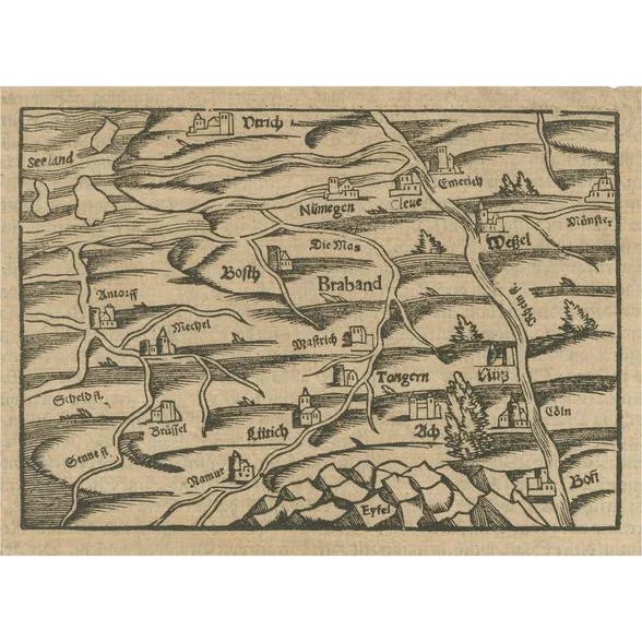 Woodcut Map of Brabant and the Rhine Valley, 1549 For Sale