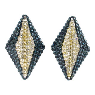 Richard Kerr Clip Earrings Blue and Silver Crystal Rhinestones - 2 Pieces For Sale