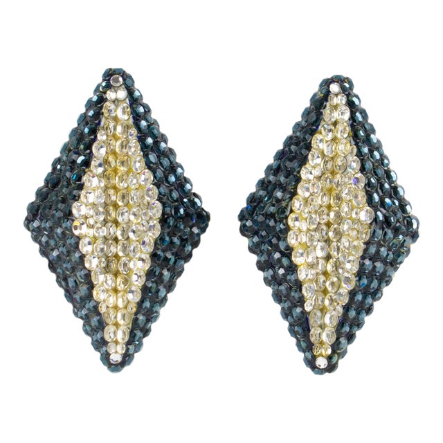 Richard Kerr Clip Earrings Blue and Silver Crystal Rhinestones - 2 Pieces For Sale